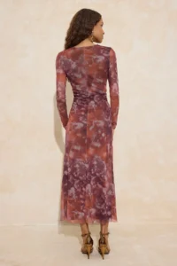 TRENDYOLMİLLA Multicolored Abstract flower patterned Lined Tulle Maxi Dress - Image 4