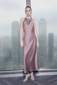 TRENDYOLMİLLA Limited Edition Mink Satin Off-Shoulder Neck Weaving Elegant/Evening Dress
