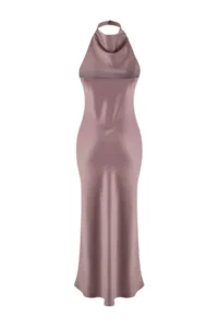 TRENDYOLMİLLA Limited Edition Mink Satin Off-Shoulder Neck Weaving Elegant/Evening Dress - Image 5