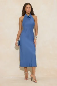 TRENDYOLMİLLA Mavi Satin Off-Shoulder Neck Weaving Elegant/Evening Dress