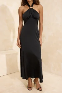 TRENDYOLMİLLA Black Satin Asymmetric Yaka Accessory Detailed Maxi Dress - Image 3