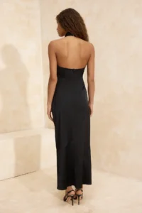 TRENDYOLMİLLA Black Satin Asymmetric Yaka Accessory Detailed Maxi Dress - Image 4