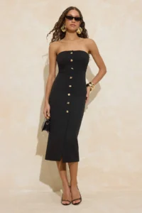 TRENDYOLMİLLA Black Strapless buttoned Weaving Maxi Elegant/Evening Weaving Dress