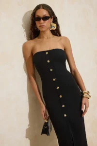TRENDYOLMİLLA Black Strapless buttoned Weaving Maxi Elegant/Evening Weaving Dress - Image 2