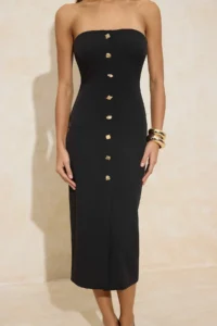 TRENDYOLMİLLA Black Strapless buttoned Weaving Maxi Elegant/Evening Weaving Dress - Image 3
