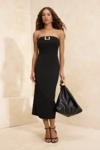 TRENDYOLMİLLA Black Strapless Accessory Detailed Weaving Maxi Elegant/Evening Dress - Image 2