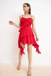 TRENDYOLMİLLA Rejection Ruffle and Flounce Detailed Weaving Short / Mini Lined Elegant/Evening Dress - Image 2