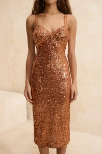 TRENDYOLMİLLA Cinnamon Sequin Sleeveless V-neck Midi Lined Elegant/Evening Dress - Image 3