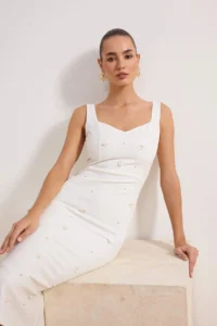TRENDYOLMİLLA White Flower Applique Detailed Lined Weaving Wedding/Marriage Dress - Image 2