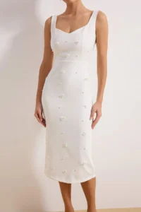 TRENDYOLMİLLA White Flower Applique Detailed Lined Weaving Wedding/Marriage Dress - Image 3