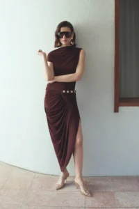 TRENDYOLMİLLA Brown Accessory Detailed Midi Lined Dress