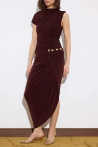 TRENDYOLMİLLA Brown Accessory Detailed Midi Lined Dress - Image 4