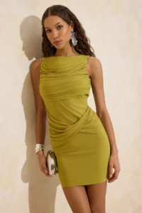 TRENDYOLMİLLA Oil Green Ruffle Detailed Short / Mini Lined Dress