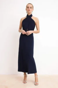 TRENDYOLMİLLA Navy Blue Knitting Asymmetric Yaka Midi Lined Dress