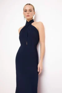 TRENDYOLMİLLA Navy Blue Knitting Asymmetric Yaka Midi Lined Dress - Image 2