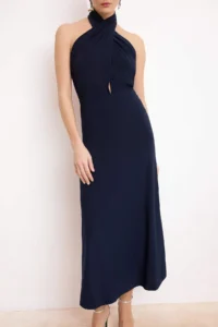 TRENDYOLMİLLA Navy Blue Knitting Asymmetric Yaka Midi Lined Dress - Image 3