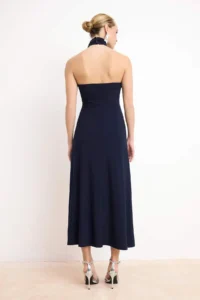 TRENDYOLMİLLA Navy Blue Knitting Asymmetric Yaka Midi Lined Dress - Image 4