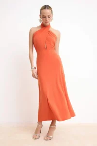 TRENDYOLMİLLA Orange Knitting Asymmetric Yaka Midi Lined Dress