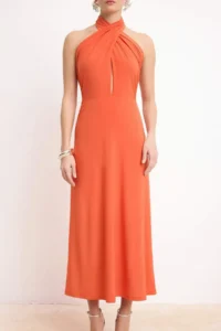 TRENDYOLMİLLA Orange Knitting Asymmetric Yaka Midi Lined Dress - Image 2