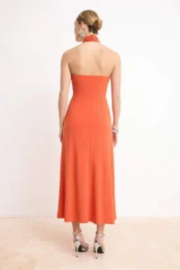 TRENDYOLMİLLA Orange Knitting Asymmetric Yaka Midi Lined Dress - Image 4