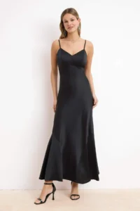 TRENDYOLMİLLA Black Satin Skirt with flywheel Midi Dress