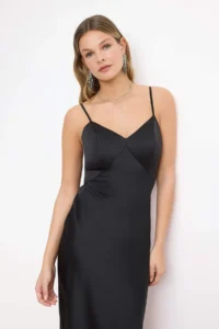 TRENDYOLMİLLA Black Satin Skirt with flywheel Midi Dress - Image 2