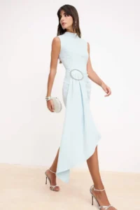 TRENDYOLMİLLA Light Blue Accessory Detailed Weaving Midi Dress - Image 2