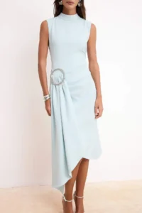 TRENDYOLMİLLA Light Blue Accessory Detailed Weaving Midi Dress - Image 3