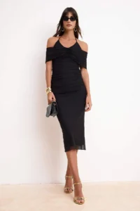 TRENDYOLMİLLA Black Drapeli Tulle Midi Lined Party Dress
