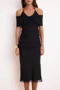 TRENDYOLMİLLA Black Drapeli Tulle Midi Lined Party Dress - Image 3