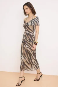 TRENDYOLMİLLA Multicolored Plain Ruffle / Drape Knitting Tulle Midi Lined Party Dress