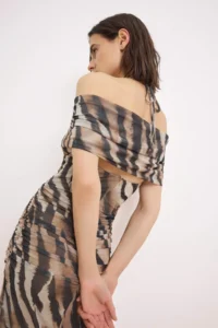 TRENDYOLMİLLA Multicolored Plain Ruffle / Drape Knitting Tulle Midi Lined Party Dress - Image 3