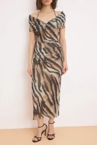 TRENDYOLMİLLA Multicolored Plain Ruffle / Drape Knitting Tulle Midi Lined Party Dress - Image 4