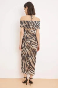 TRENDYOLMİLLA Multicolored Plain Ruffle / Drape Knitting Tulle Midi Lined Party Dress - Image 5