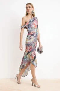 TRENDYOLMİLLA Multicolored Abstract flower patterned Asymmetric Yaka Maxi Dress