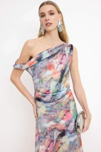 TRENDYOLMİLLA Multicolored Abstract flower patterned Asymmetric Yaka Maxi Dress - Image 2