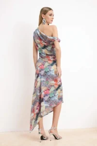 TRENDYOLMİLLA Multicolored Abstract flower patterned Asymmetric Yaka Maxi Dress - Image 4