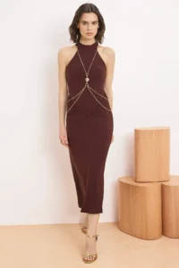 TRENDYOLMİLLA Brown Accessory Detailed Knitting Elegant/Evening Dress