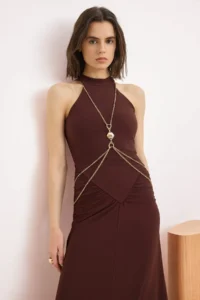 TRENDYOLMİLLA Brown Accessory Detailed Knitting Elegant/Evening Dress - Image 2