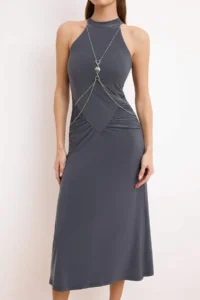 TRENDYOLMİLLA Anthracite Accessory Detailed Knitting Elegant/Evening Dress - Image 3