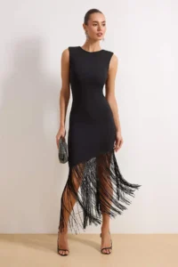 TRENDYOLMİLLA Black Tassel Detailed Knitting Elegant/Evening Dress