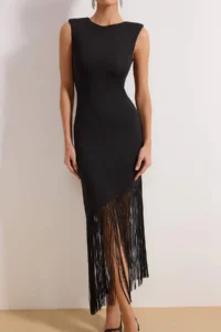 TRENDYOLMİLLA Black Tassel Detailed Knitting Elegant/Evening Dress - Image 3