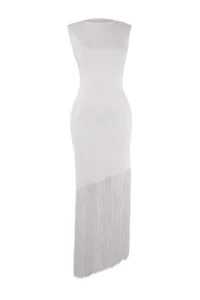 TRENDYOLMİLLA Ecru Tassel Detailed Knitting Elegant/Evening Dress