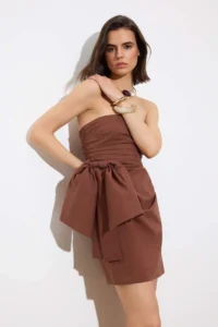 TRENDYOLMİLLA Limited Edition Brown Drape Detailed Poplin Weaving Short / Mini Dress - Image 2