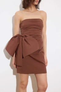 TRENDYOLMİLLA Limited Edition Brown Drape Detailed Poplin Weaving Short / Mini Dress - Image 3