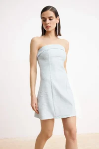 TRENDYOLMİLLA Light Blue textured Weaving jacquard Short / Mini Unlined Dress - Image 2