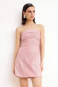 TRENDYOLMİLLA Powder Pink textured Weaving jacquard Short / Mini Unlined Dress - Image 2
