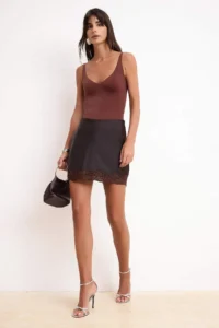 TRENDYOLMİLLA Brown Lace Detailed Satin Mini Skirt - Image 2
