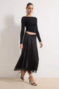 TRENDYOLMiLLA Black Asymmetric Kesim Lace Garnili Satin Skirt