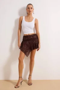 TRENDYOLMiLLA Brown Asymmetric Kesim Shirred Super Mini Sequin Skirt